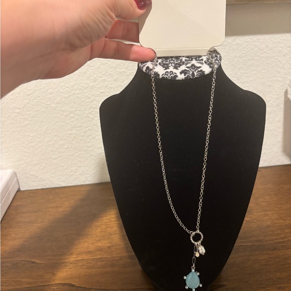 Emberly Elegant Silver Tone Necklace with Teardrop Blue Pendant - Picture 6 of 8